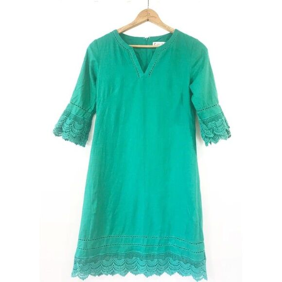 Nanette Lepore Green Mini Dress Size 4 Linen Crochet Trim Summer Lace - Picture 1 of 10